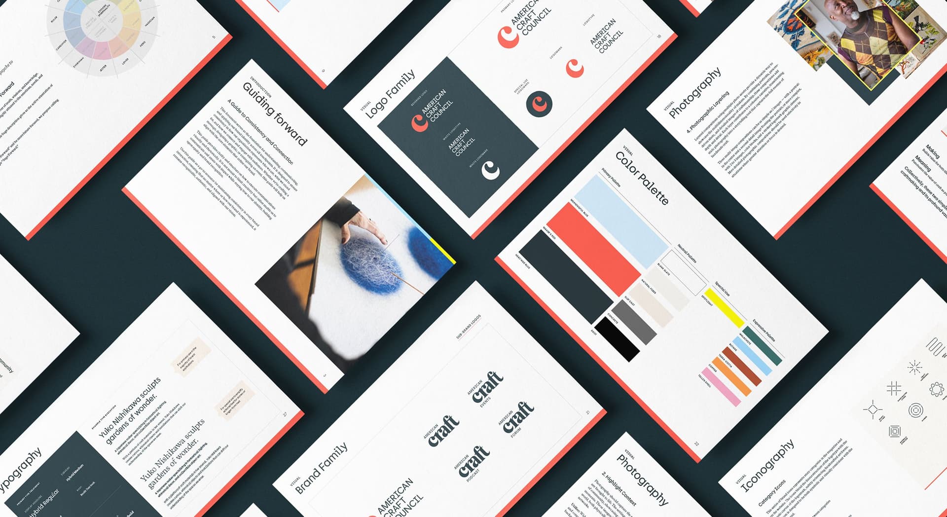 Image showing multiple pages from a brand guidelines document for the American Craft Council, including sections on logo family, color palette, photography, brand family, typography, and iconography, displayed in a neat grid on a dark background.
