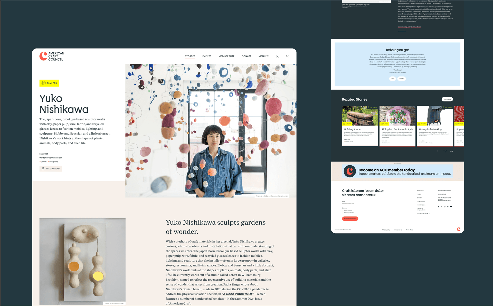 Screenshot of a webpage from the American Craft Council titled "Yuko Nishikawa." The page features a portrait photo of Yuko Nishikawa, a woman standing among colorful hanging sculptures made of fabric and paper. The text describes her as a Japan-born, Brooklyn-based sculptor who works with clay, paper pulp, wire, fabric, and recycled glass lenses to create fashion mobiles, lighting, and sculptures. Additional images include a photo of one of her abstract sculptures and related stories at the bottom of the page. The layout includes navigation options, a call to join or donate, and various sections of text about her work.