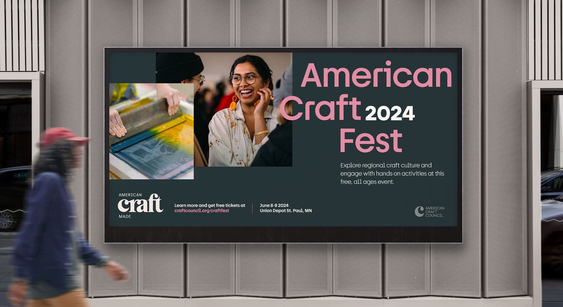 Billboard advertisement for American Craft Fest 2024 with a photo of a woman smiling and a person working on a craft project. The text invites people to explore regional craft culture with hands-on activities at a free, all-ages event on June 8-9, 2024, at Union Depot in St. Paul, MN, and provides a website for tickets.
