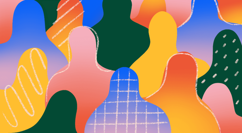 Abstract illustration of multiple overlapping human silhouettes in various colors and patterns, including gradients of blue, pink, orange, yellow, and green with textured lines and shapes.