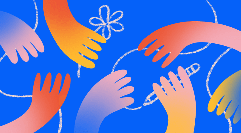 Illustration of multiple colorful gradient hands drawing white chalk-like floral and abstract shapes on a bright blue background.