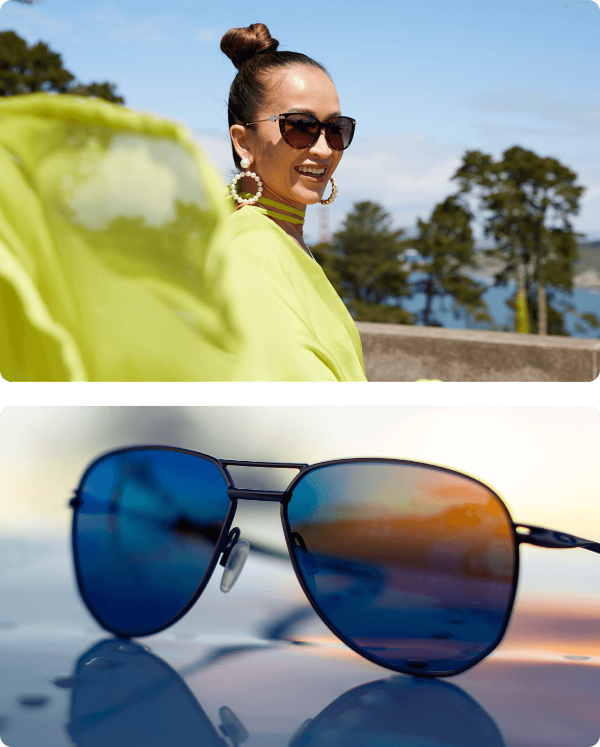 Top image: Woman with a high bun hairstyle wearing large pearl hoop earrings and dark sunglasses, smiling outdoors with a green sheer fabric flowing and trees in the background.  
Bottom image: Close-up of reflective aviator sunglasses with blue and orange tinted lenses resting on a smooth wet surface, showing a blurred outdoor sunset reflection.