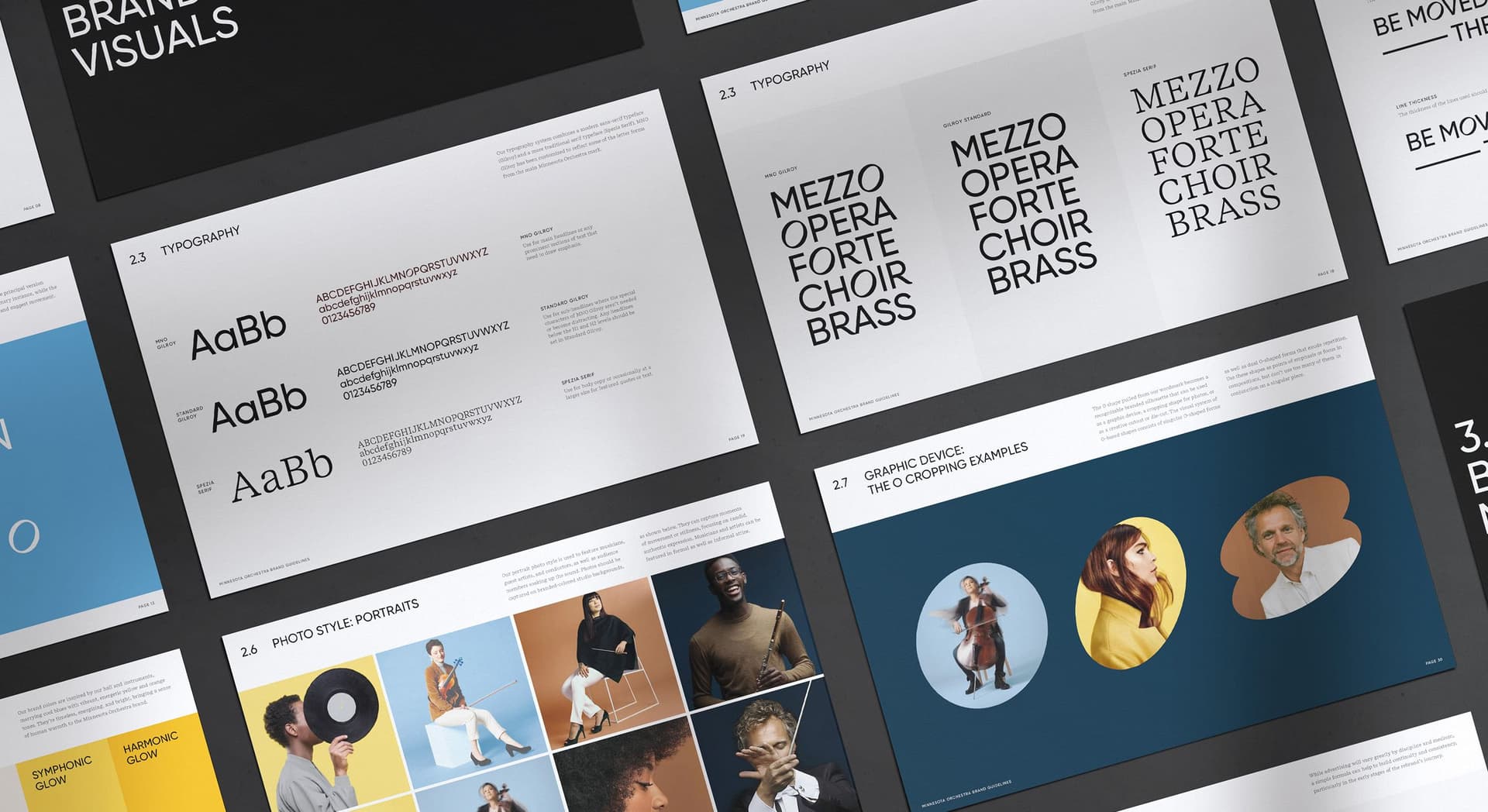 A top-down view of scattered printed brand guideline pages on a dark surface. The pages feature brand visuals, typography with font samples, portrait photo styles including photos of diverse musicians, and graphic device examples showing stylistic cropping of images. The design emphasizes clean layouts, modern fonts, and a color palette of white, blue, yellow, brown, and black.