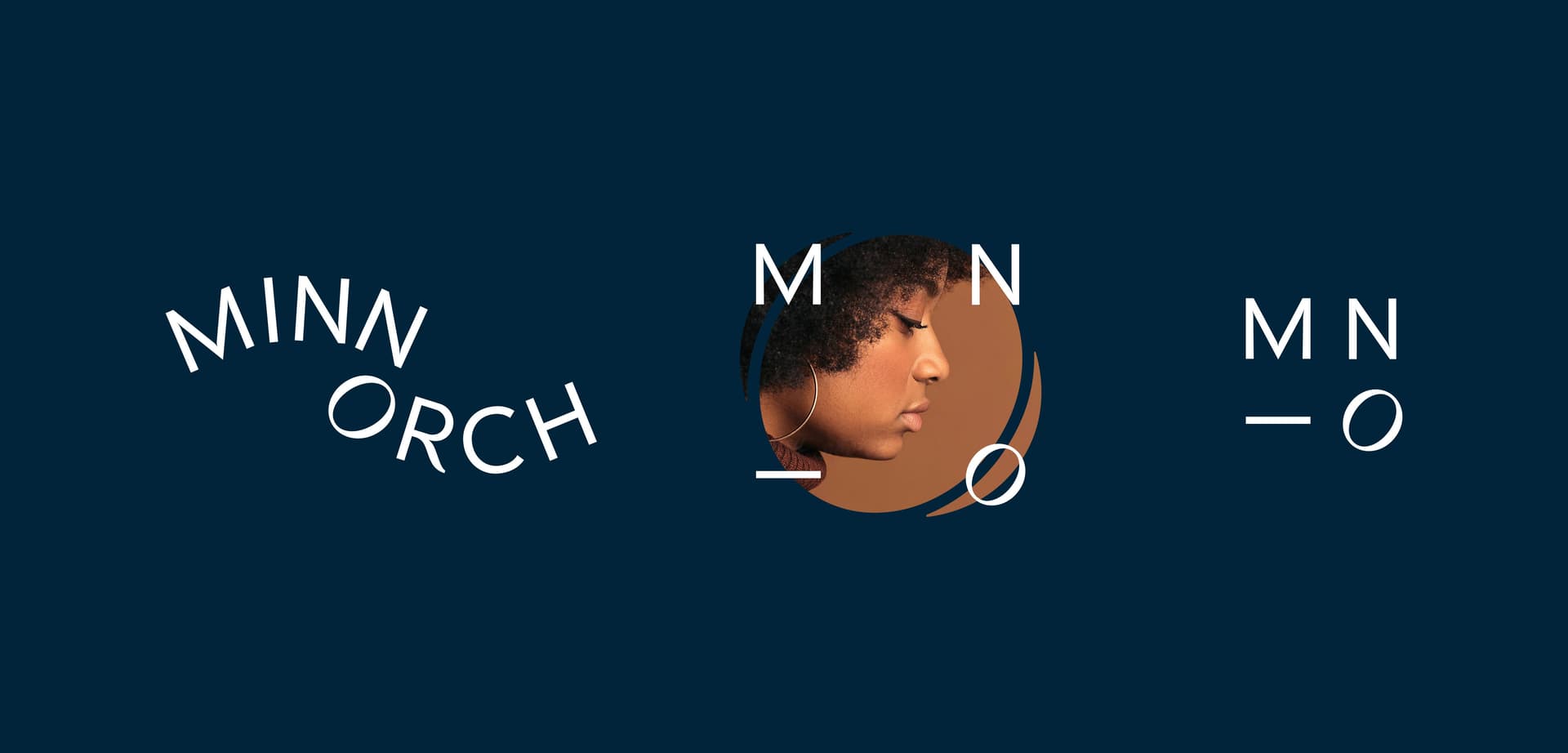 Logo design concept with dark blue background featuring three wordmarks reading "MINN ORCH" in white text; the first is curved, the second incorporates a profile of a woman's face with hoop earrings inside a circle, and the third is a minimalist stacked layout of the letters.
