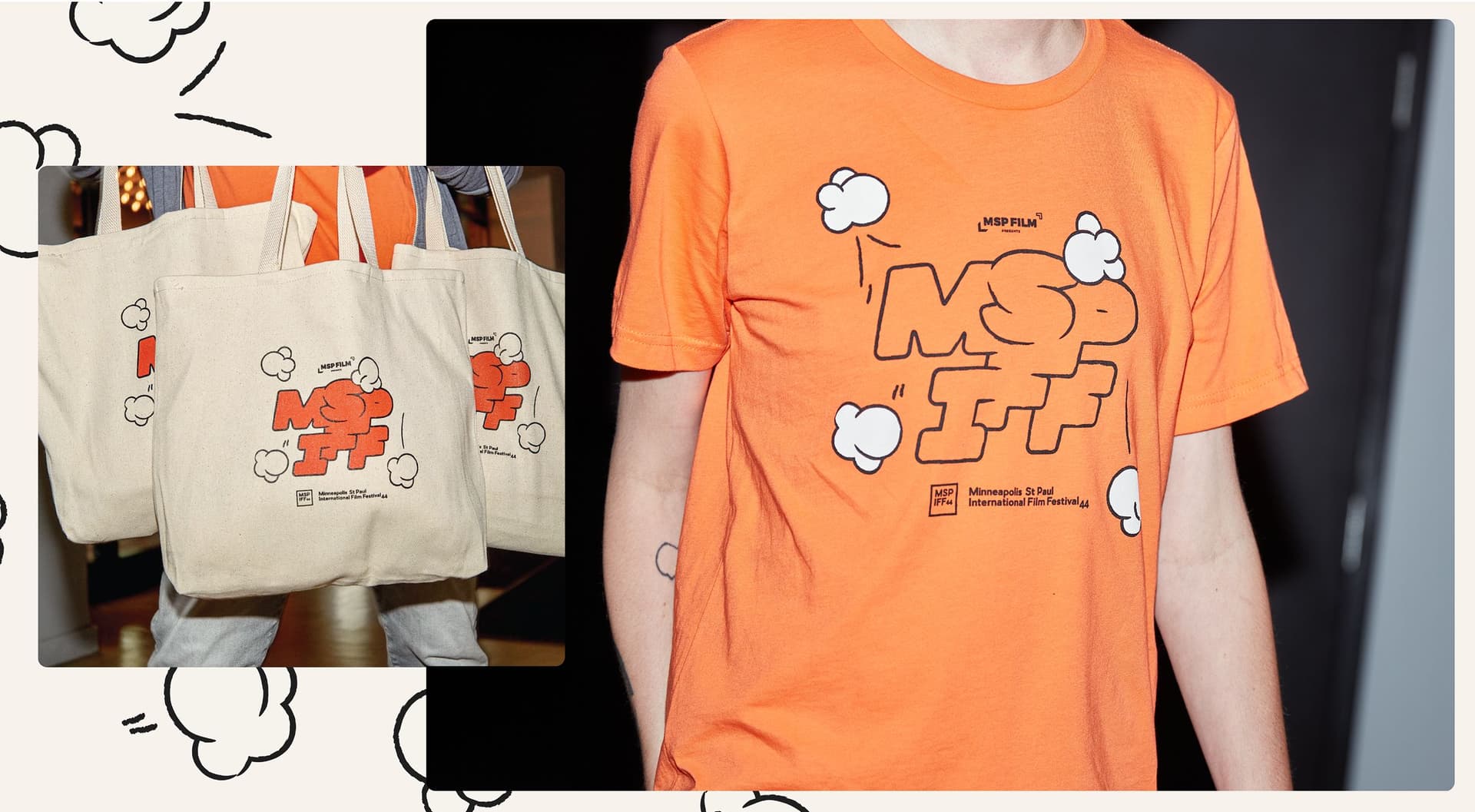 Close-up of a person wearing an orange t-shirt and holding beige tote bags with matching logos for the Minneapolis St Paul International Film Festival 44, featuring bold orange letters "MSP IFF" with white popcorn illustrations around the text.