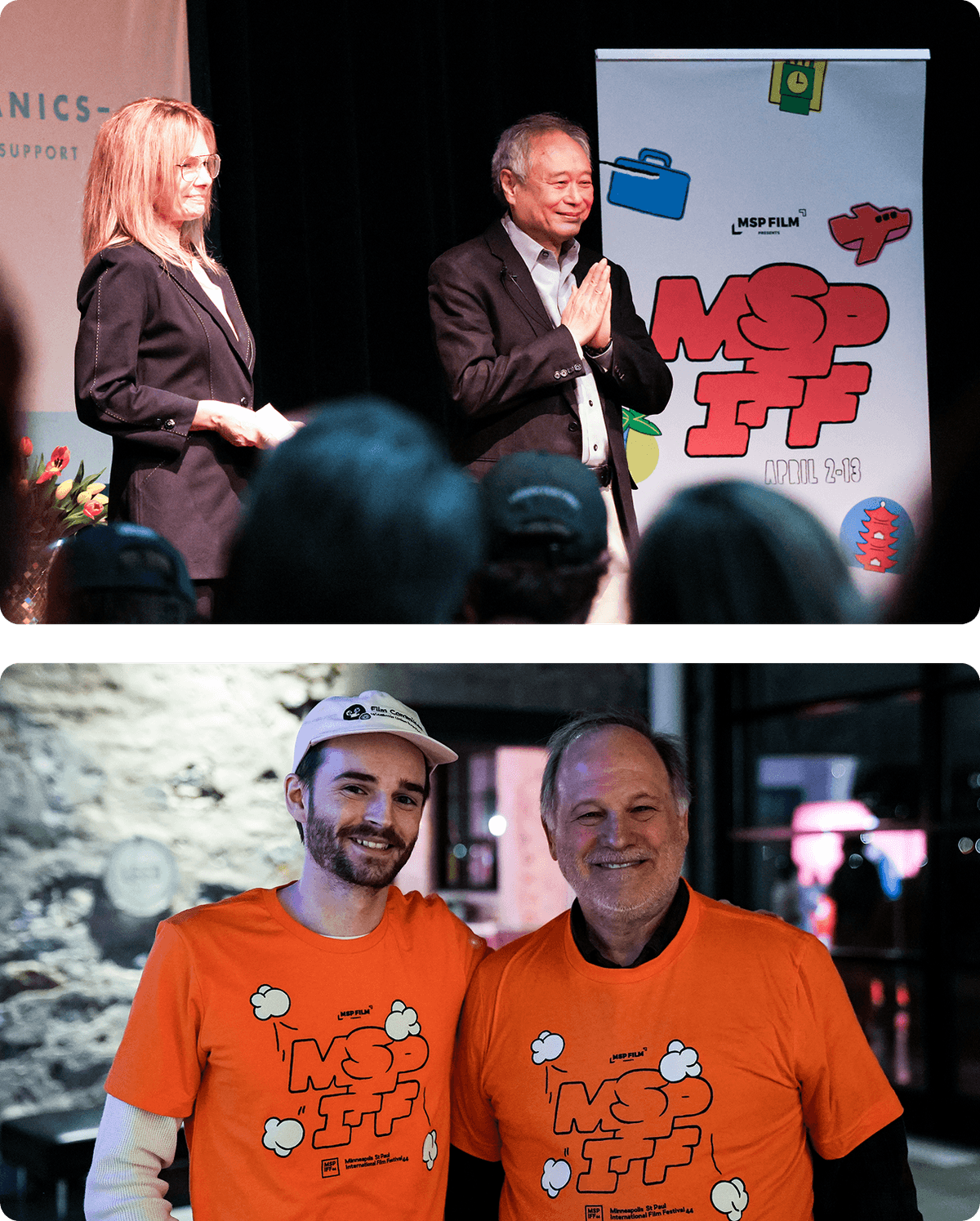 Top image: A man and woman stand on stage at the MSP Film event, with the man holding his hands together and smiling. Bottom image: Two men wearing matching bright orange MSP Film T-shirts smile and pose together indoors.