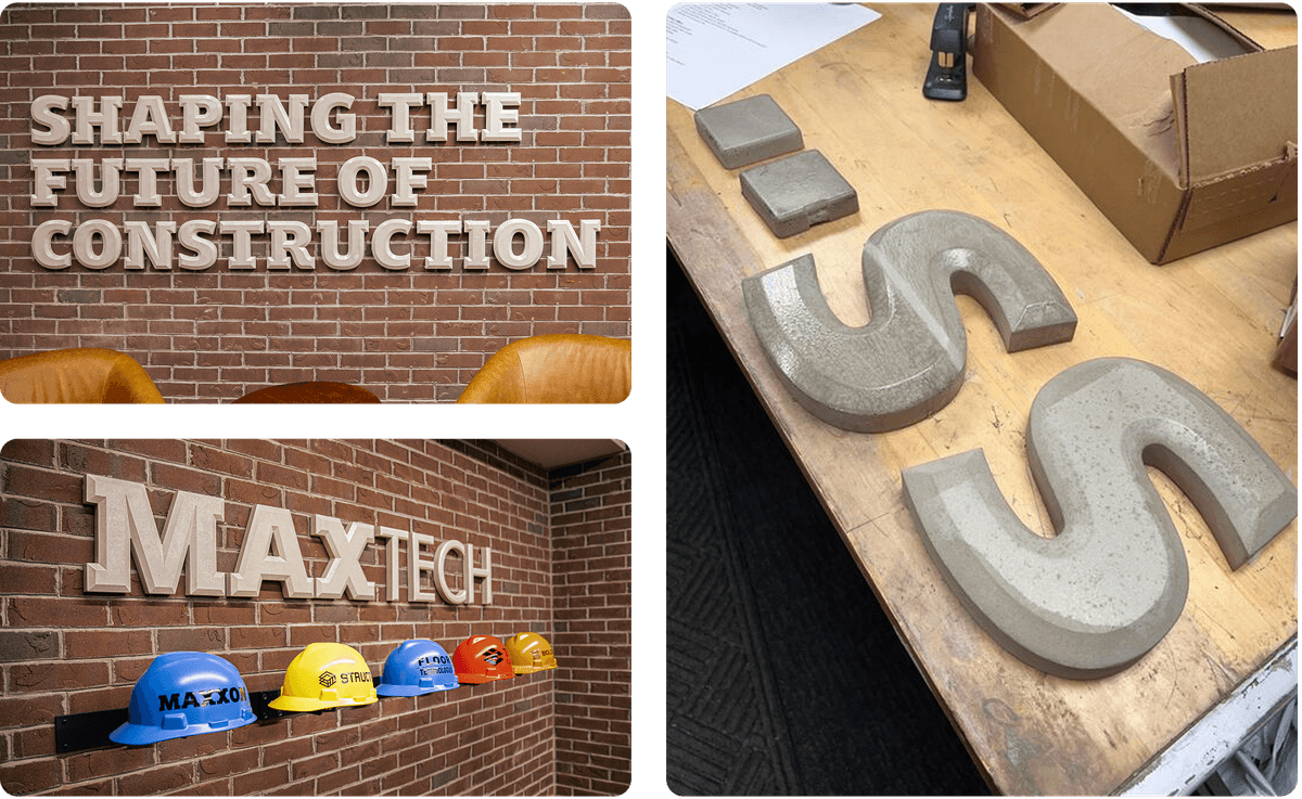 Collage of three images: Top left shows a brick wall with white 3D letters spelling "SHAPING THE FUTURE OF CONSTRUCTION"; bottom left shows a brick wall with "MAXTECH" in white 3D letters above a rack holding five colorful construction helmets; right image shows large concrete letters and shapes on a wooden work surface, including two large 'S' shapes and two small rectangular blocks.