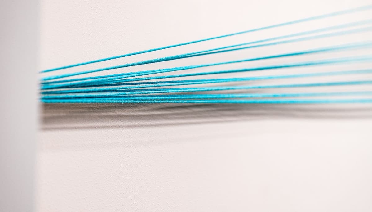 Close-up of multiple parallel blue threads stretched tightly across a white textured wall, casting soft shadows below.