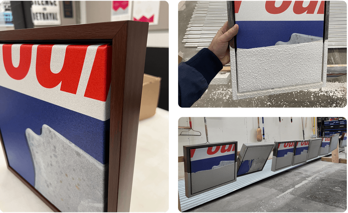 Close-up and side views of several canvas prints featuring a blue and red design with white textured paint partially covering the bottom half. One photo shows a hand holding one canvas, highlighting the thick textured paint and the brown wooden frame. The canvases are shown drying, hanging in a workshop space.