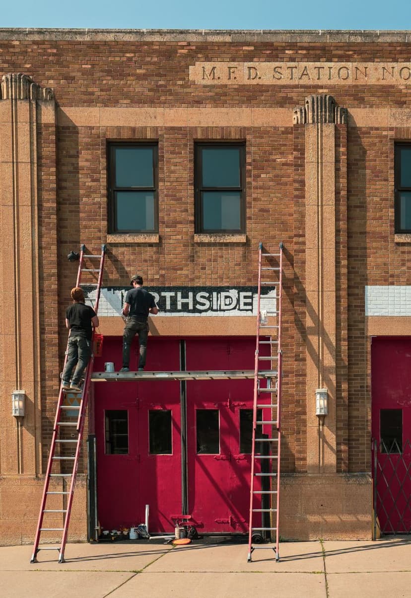 Two people standing on ladders and scaffolding in front of a brick building, painting a sign above red doors that reads "NORTHSIDE."