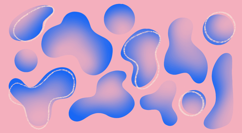 Abstract composition of various organic and circular shapes in gradient blue with soft pink shading and white speckled outlines on a pink background.