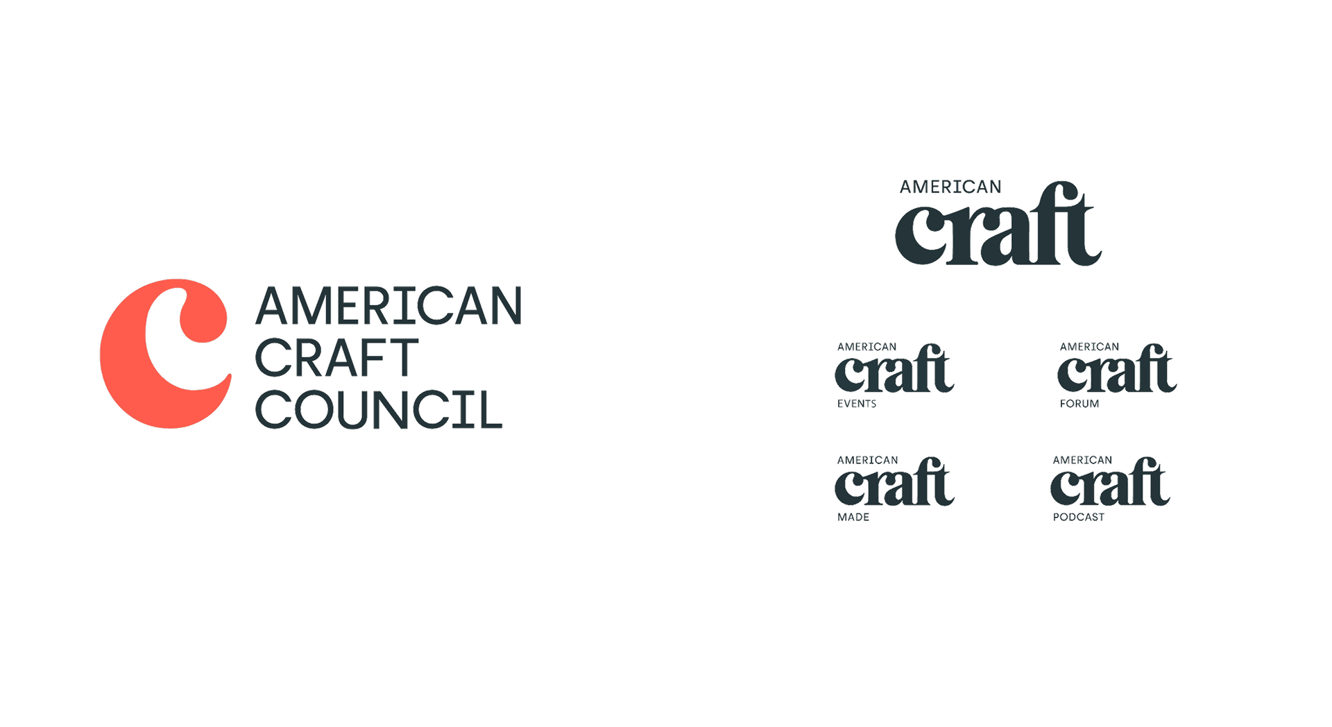 Left side: Logo with a coral-colored stylized letter "C" followed by the words "AMERICAN CRAFT COUNCIL" in uppercase black letters.
Right side: Several variations of the words "AMERICAN craft" with sub-labels underneath in black font, including "EVENTS," "FORUM," "MADE," and "PODCAST." The word "craft" is large and prominent, with "AMERICAN" smaller above it in each variation.