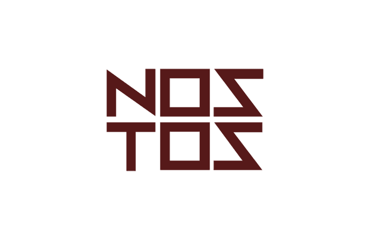 Logo consisting of stylized, geometric maroon letters spelling "NOS TOS" arranged in a square on a black background.