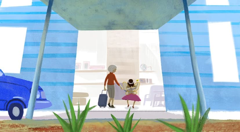 An elderly woman holding a rolling suitcase walks hand-in-hand with a young girl dressed as a fairy with wings and a wand, entering a modern blue building. A blue vehicle is parked nearby, and plants are visible in the foreground.