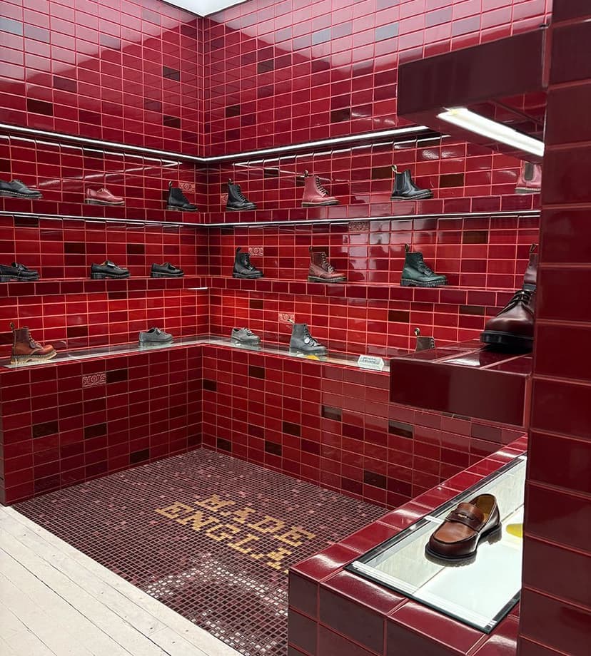Display of various boots and shoes on multiple glass shelves in a corner room with glossy red tiled walls and floor, the floor tiles spelling out "DR. MARTENS ENGLAND."