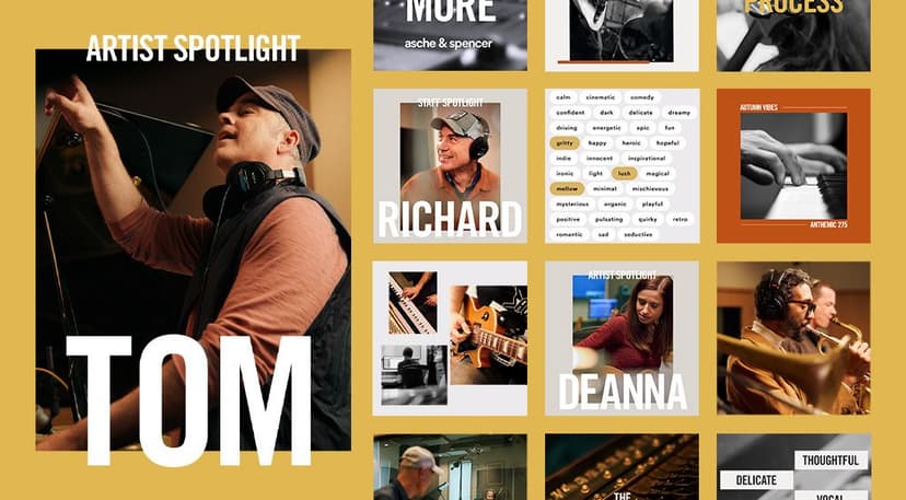 A collage featuring multiple images and text blocks on a mustard yellow background. The largest image on the left shows a man in a cap and headphones, labeled "ARTIST SPOTLIGHT TOM." Smaller images include a man named Richard with headphones, a woman named Deanna working at a mixing console, close-ups of musical instruments being played, people performing in a band with brass instruments, and word clouds with descriptive words like "gritty," "mellow," and "delicate." One image shows hands playing a piano labeled "AUTUMN VIBES."