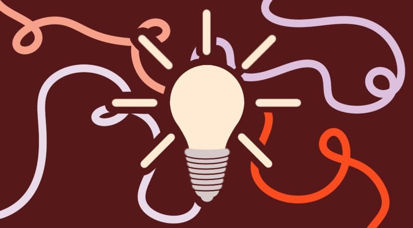 Illustration of a glowing light bulb in the center with colorful, looping wires extending outward on a dark maroon background.
