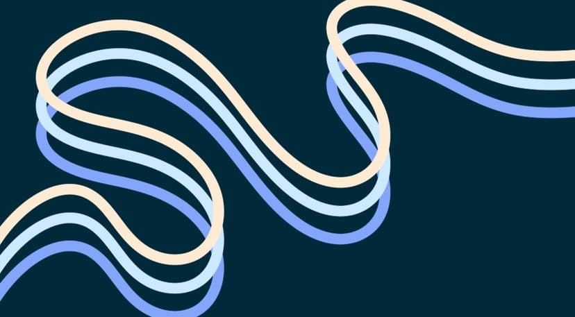 Abstract digital art featuring a wavy, beige ribbon-like line with three parallel shadows in varying shades of blue set against a dark teal background.