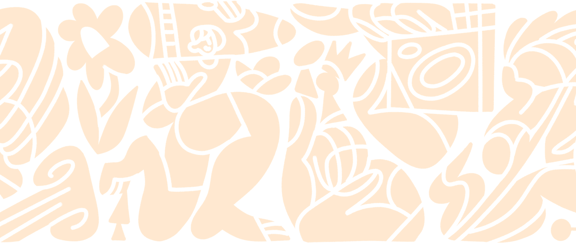 A "Corporate Memphis" style illustration of flowers, people, and abstract shapes.