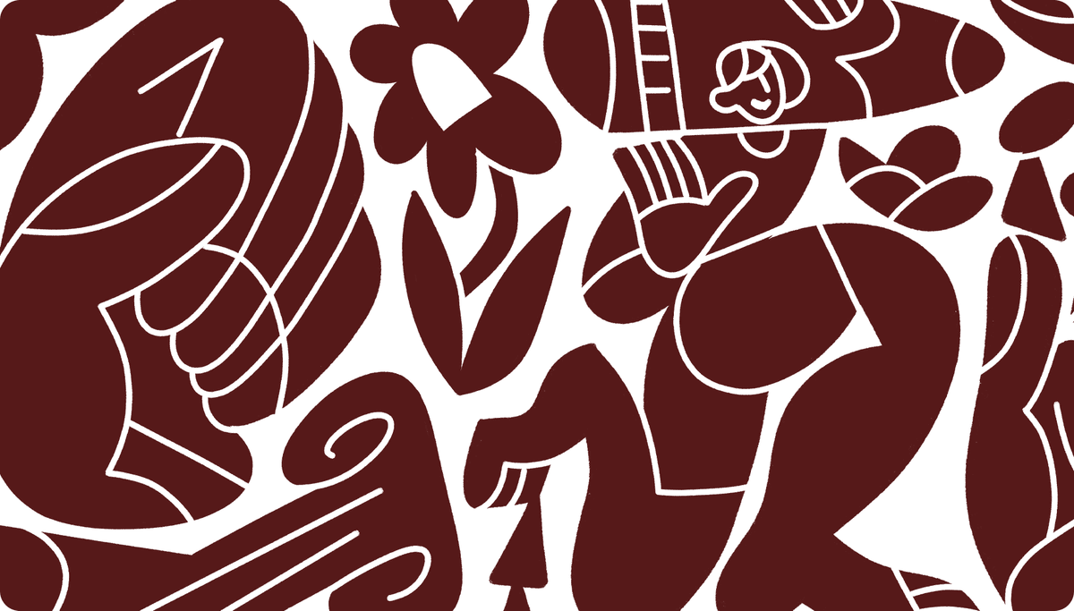Abstract maroon and white illustration featuring stylized human figures, hands, feet, flowers, and leaves with bold, fluid lines.