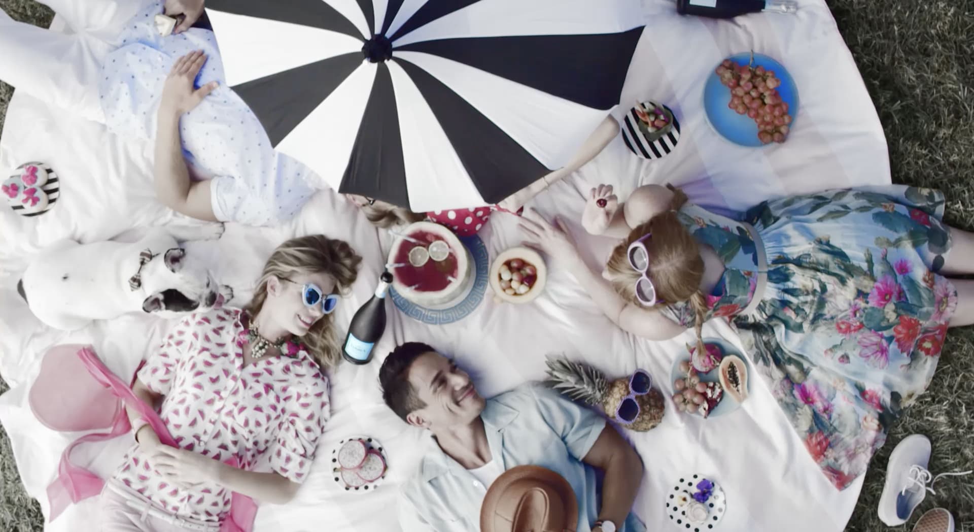 Overhead view of a group of four people and a dog lying on a white picnic blanket with a black-and-white umbrella in the center, surrounded by various food items and drinks, including grapes, a cake, a pineapple with sunglasses, and champagne.