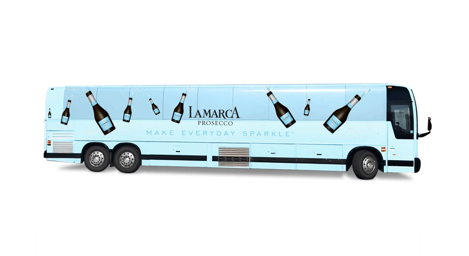 Light blue coach bus with La Marca Prosecco advertisement featuring floating sparkling wine bottles and the slogan "MAKE EVERYDAY SPARKLE."