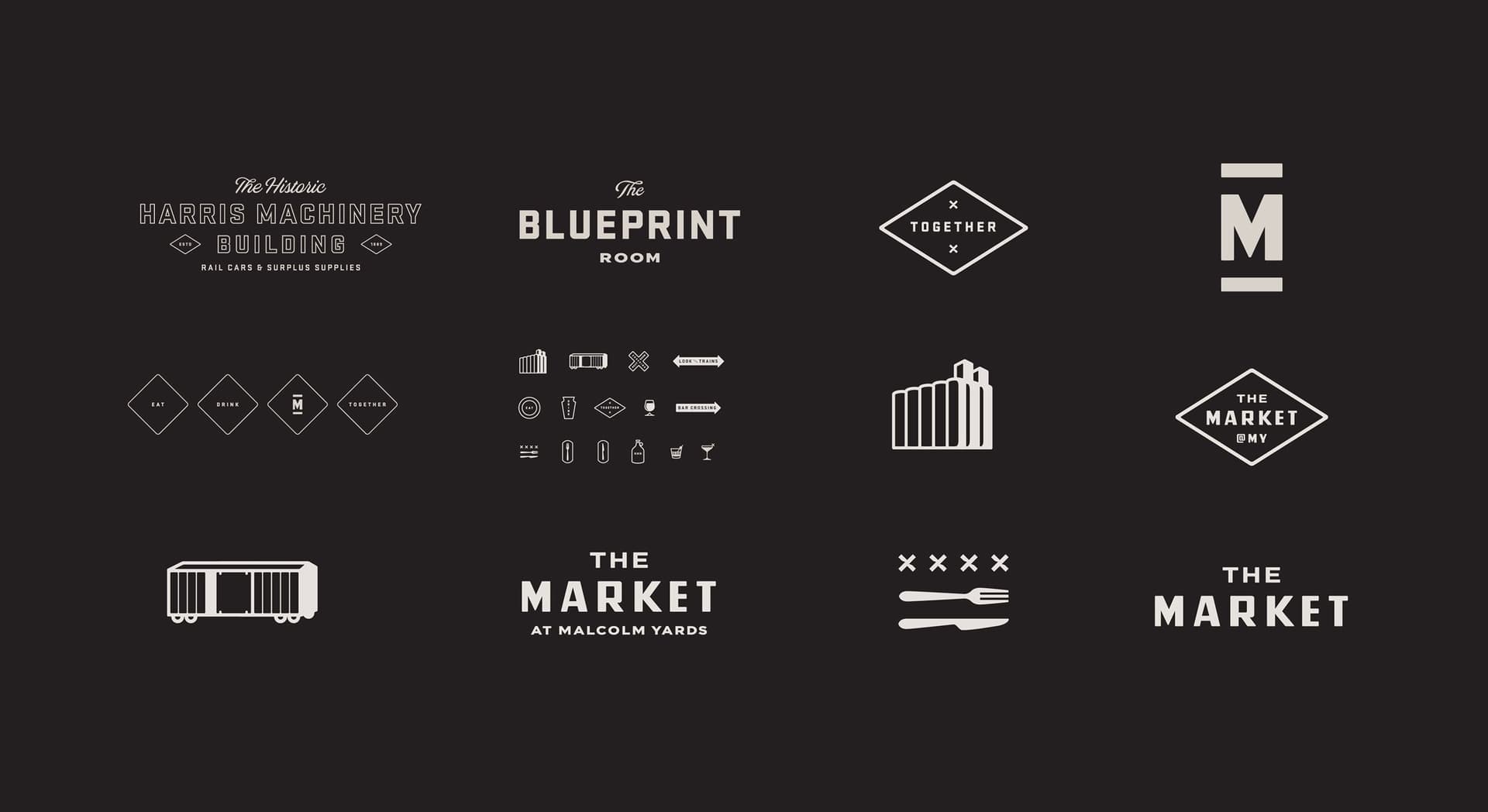 Collection of beige vintage-style logos and icons on a dark background, including "The Historic Harris Machinery Building Rail Cars & Surplus Supplies," "The Blueprint Room," "Together," a stylized "M," and variations of "The Market" at Malcolm Yards, along with small graphic elements like train cars, dining utensils, arrows, and a building silhouette.