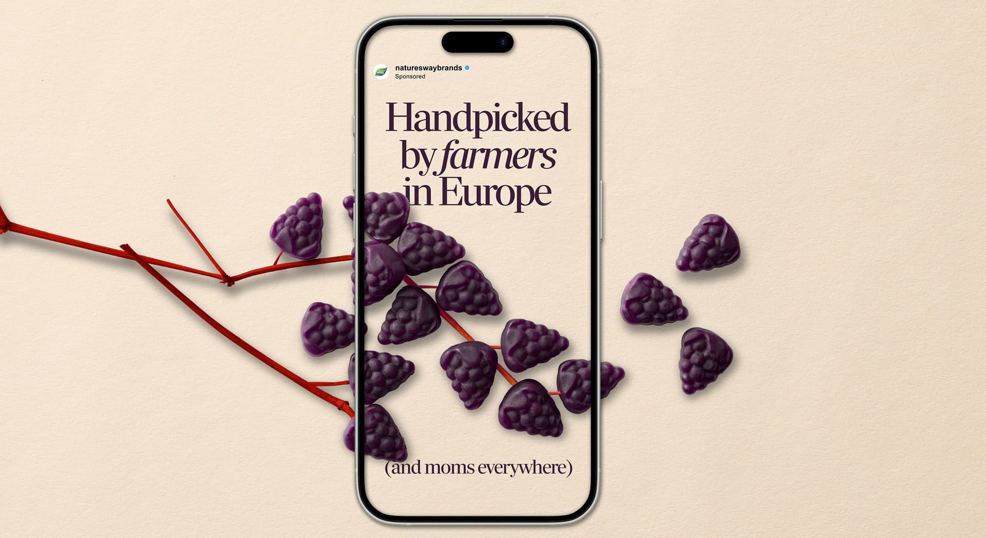 Smartphone displaying an advertisement with text "Handpicked by farmers in Europe (and moms everywhere)" overlaid on an image of a red branch with dark purple berry-like candies against a beige background.