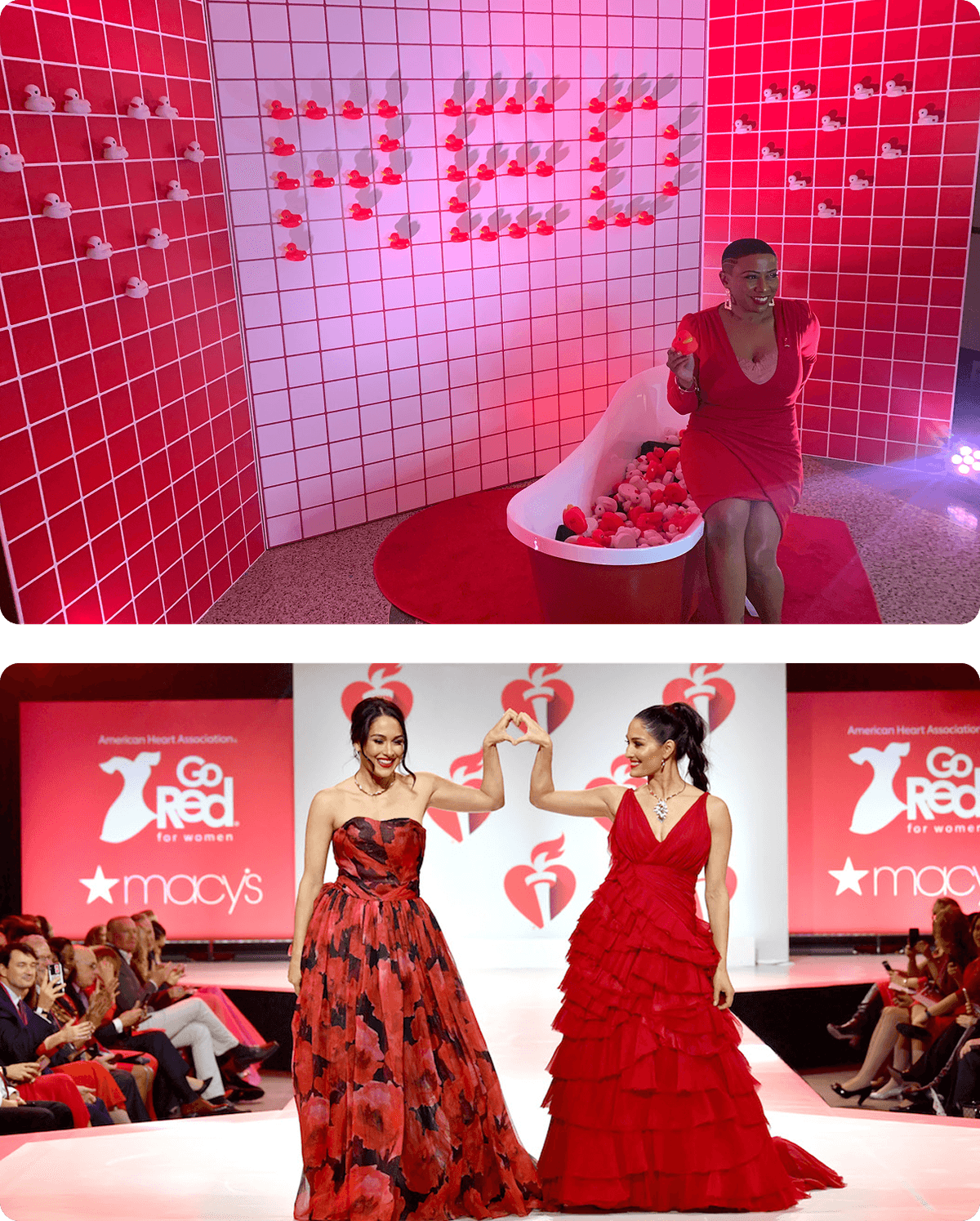 Top image: A person in a red dress sits on the edge of a clawfoot bathtub filled with red and white rubber ducks, surrounded by red and white tiled walls with rubber ducks arranged to spell "Go Red."
Bottom image: Two women in red dresses walk on a runway, smiling and touching hands in a heart shape, with "Go Red for Women" and Macy's logos displayed in the background.