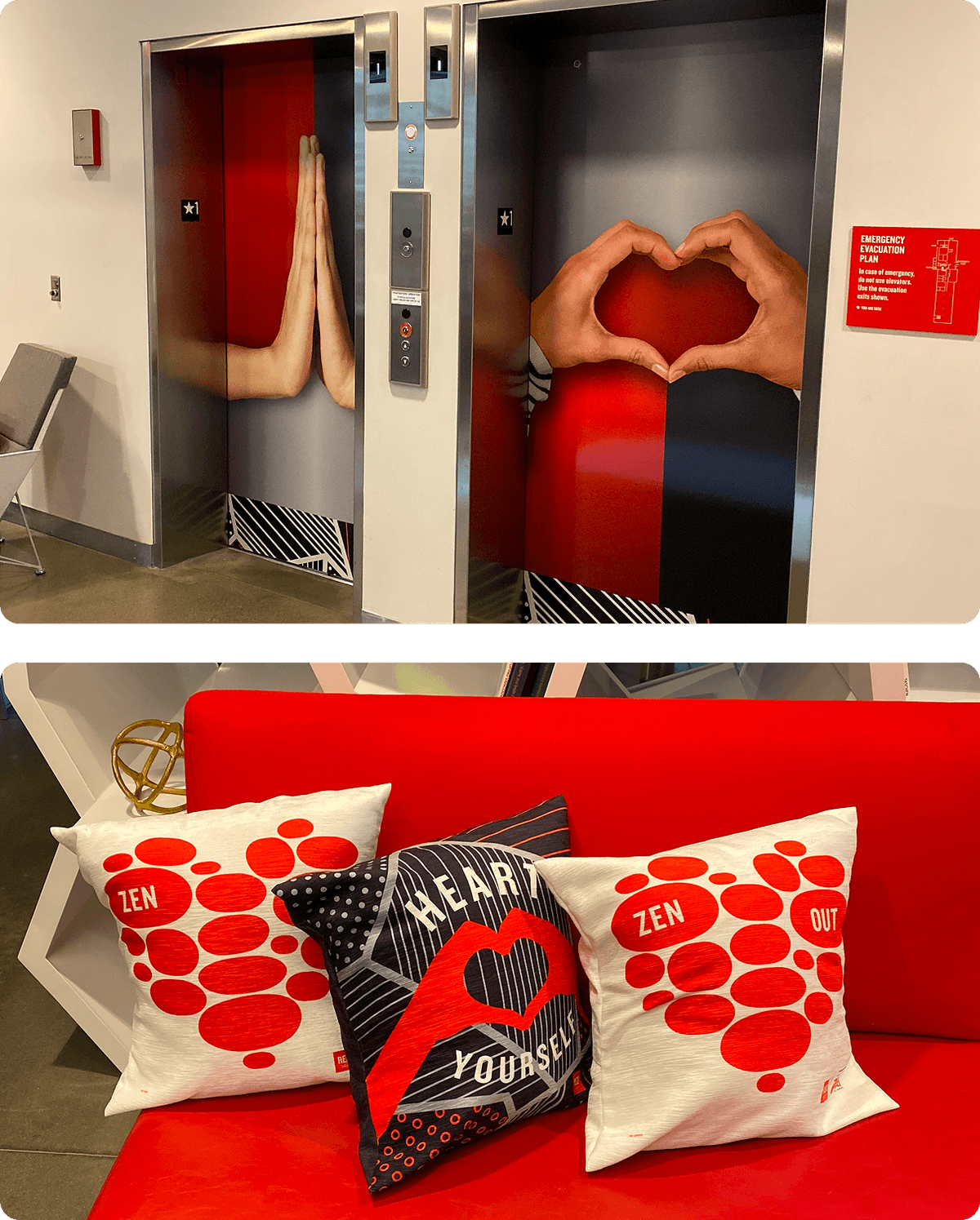 Two elevator doors with artwork of hands, one making a praying gesture and the other forming a heart shape, and three decorative pillows on a red couch, two with red heart-shaped bubble patterns and the words "ZEN" and "OUT," and one with a graphic heart and the words "HEART YOURSELF."