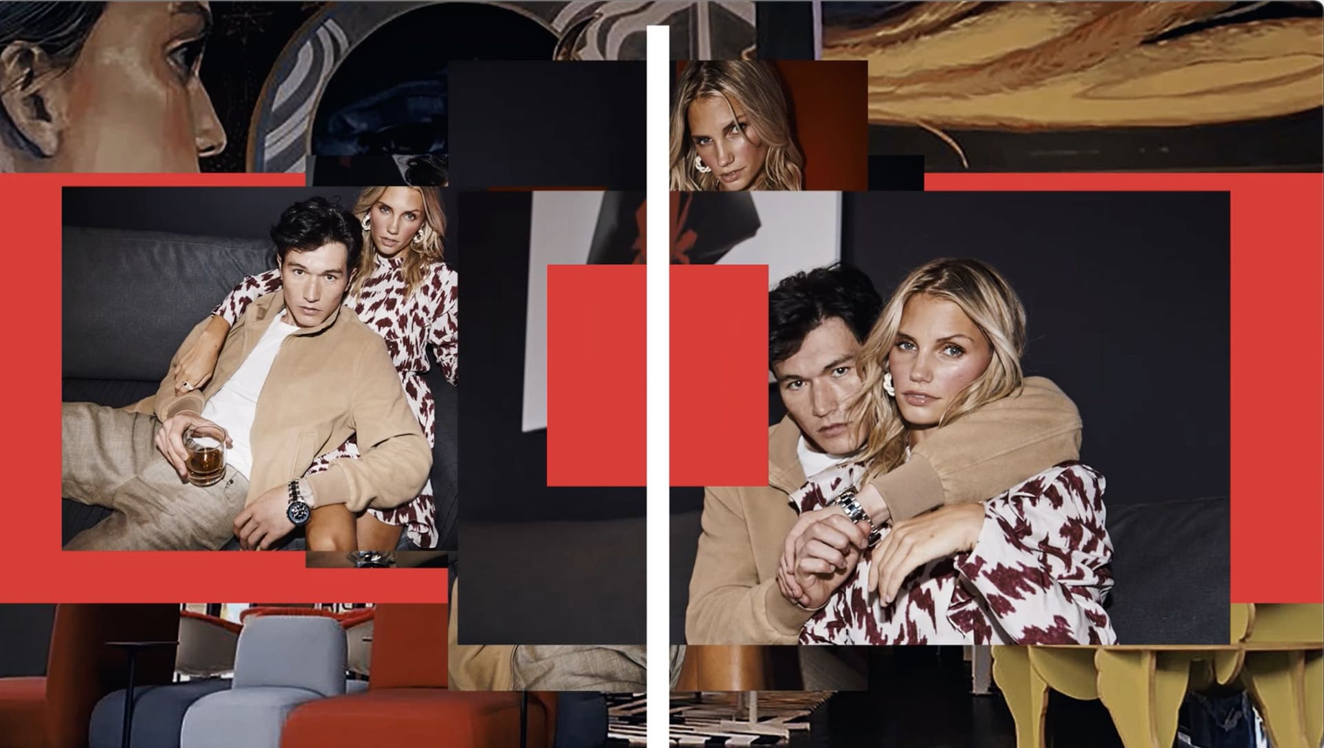 Photo collage featuring a man and woman seated on a couch. The man is wearing a tan jacket and light pants, holding a drink, with his arm around the woman. The woman has blonde hair, wears a patterned dress, and leans close to the man. The collage includes red blocks and partial overlays of their faces and background elements.