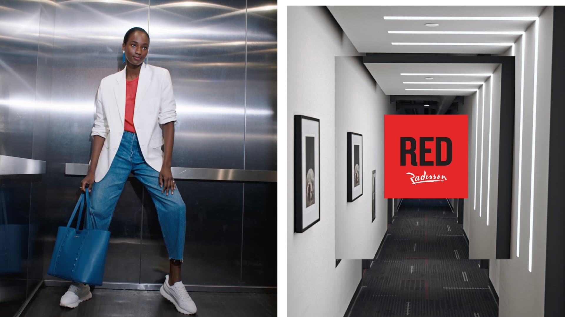 Left: Woman in white blazer, red top, blue jeans, and white shoes holding a blue handbag stands in a metallic elevator. Right: Modern hallway with geometric ceiling lights, framed pictures on the wall, and a red "RED Radisson" logo overlay.